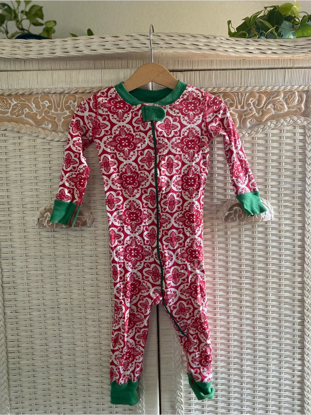 Hanna Andersson Red and White Floral One-Piece Footie with Green Trim